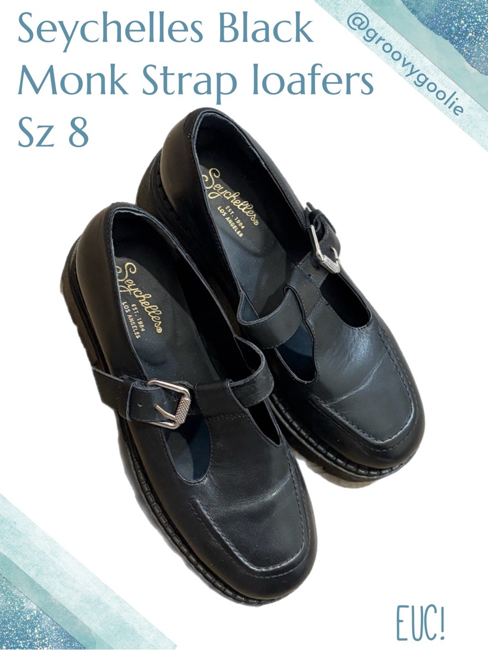 Seychelles Black Leather Platform Buckle Chunky Loafers Sz 8
